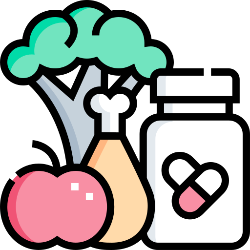 Icon showing food and a supplement bottle representing balanced daily nutrition