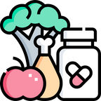 Icon showing food and a supplement bottle representing balanced daily nutrition