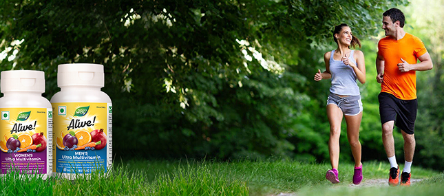 Man and woman jogging with Nature’s Way Alive! Men’s and Women’s Ultra Multivitamins