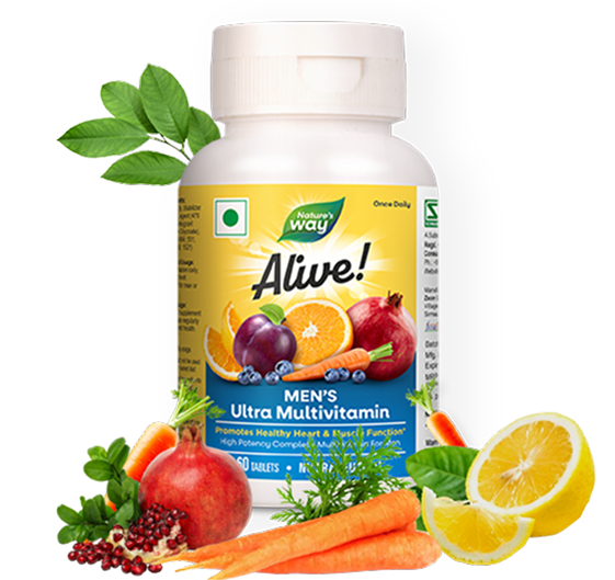 Front view of Nature’s Way Alive Men's Ultra Multivitamin 60 capsule bottle placed with natural ingredients