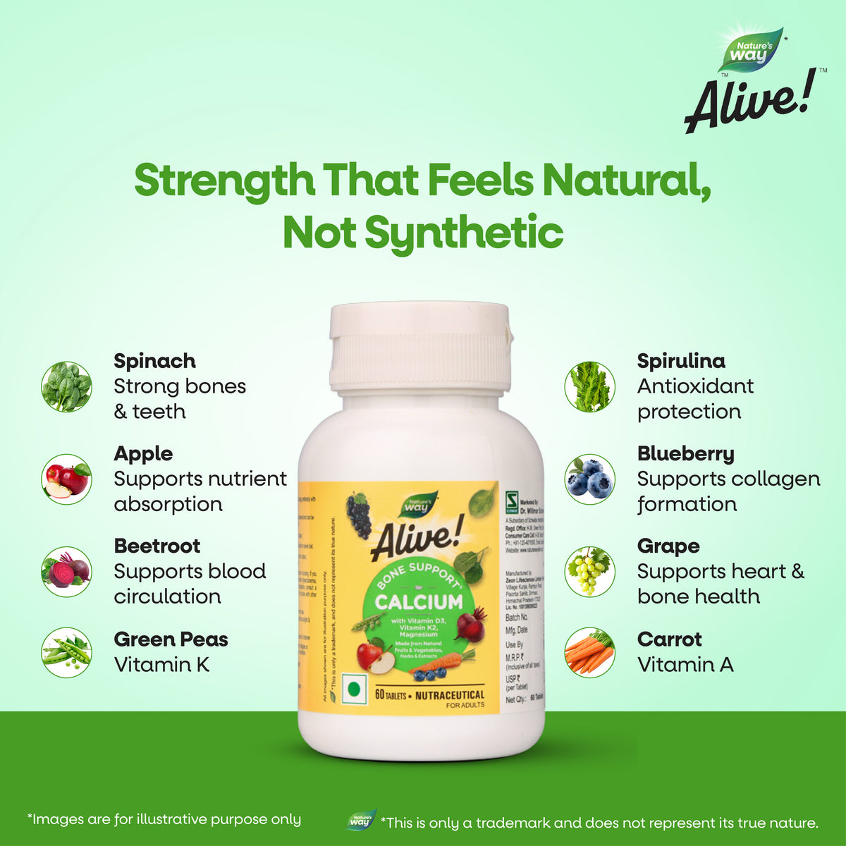 Fruits and vegetables ingredients of Nature’s Way Alive Bone Support Calcium with the bottle