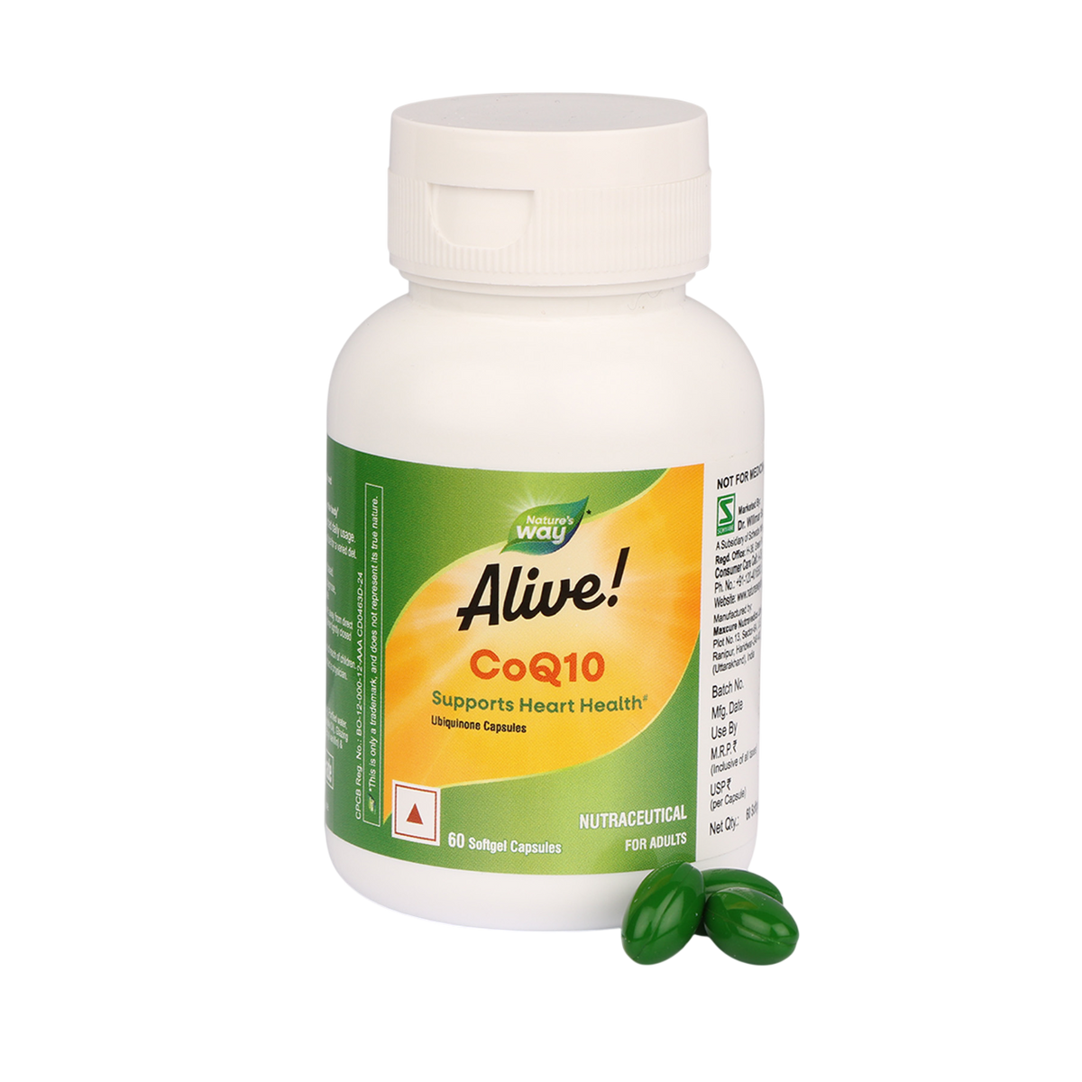 Nature's Way Alive CoQ10 supplement bottle on transparent background