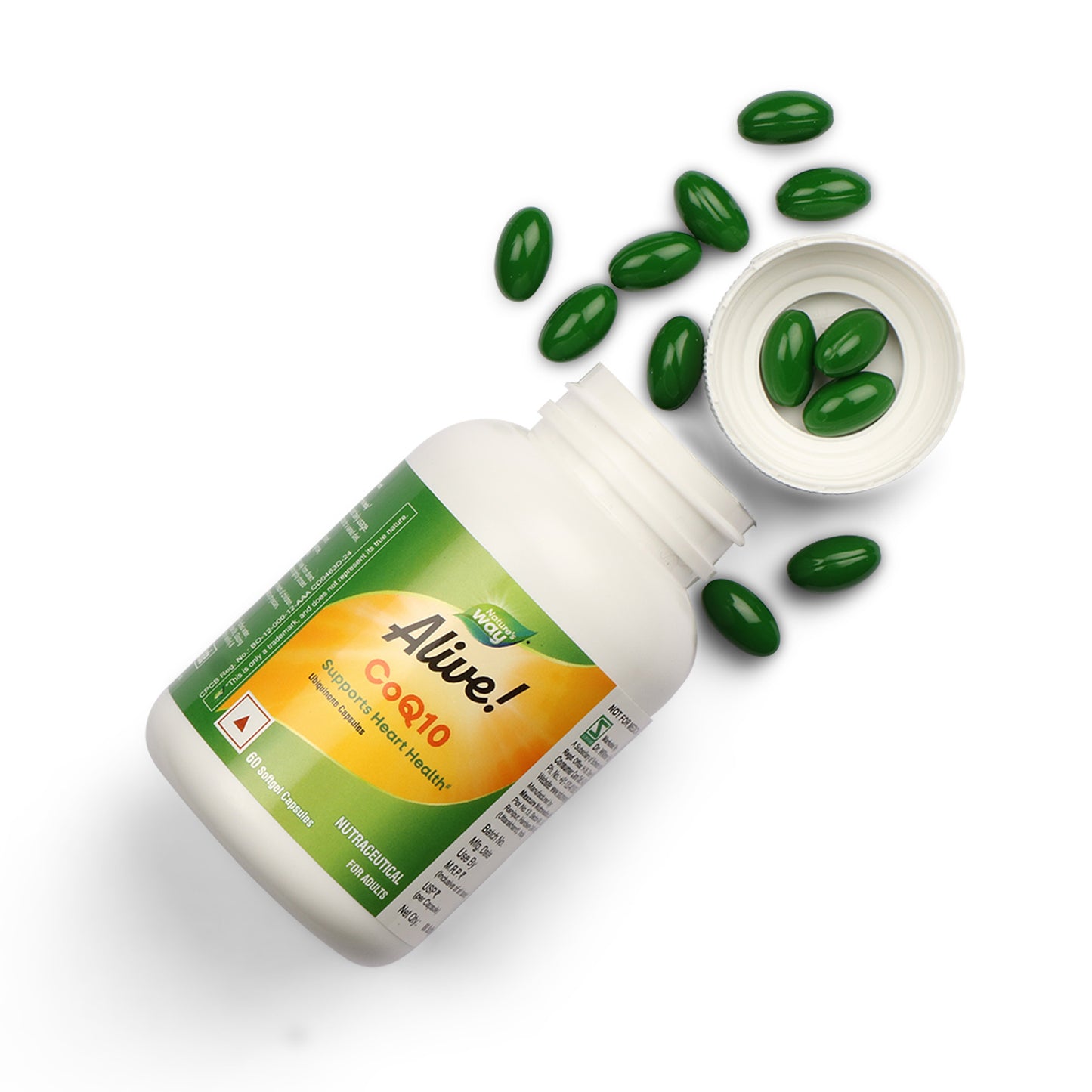 Alive CoQ10 supplement shown with green softgel capsules spilling beside the container.