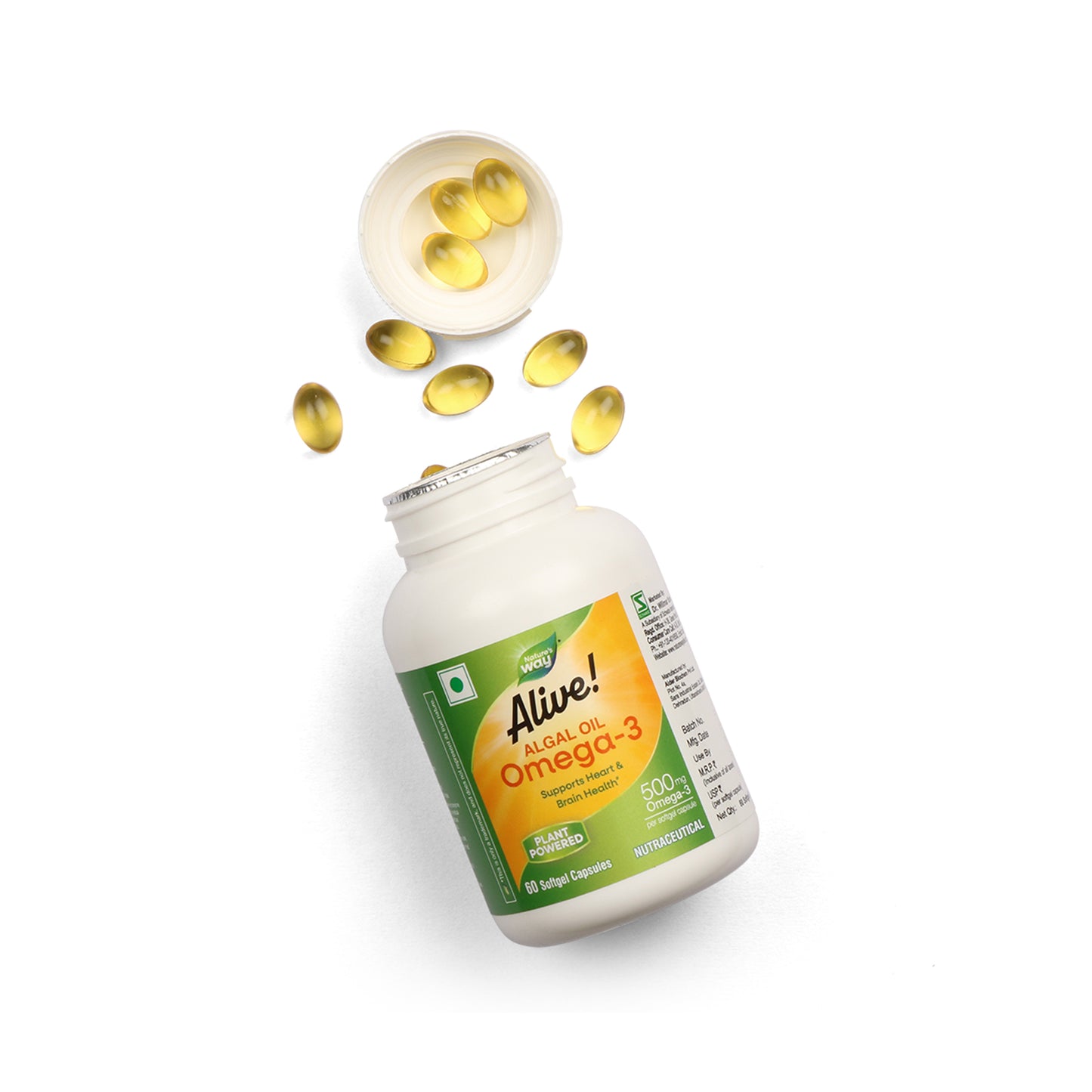 Alive Omega‑3 supplement shown tilted with golden softgel capsules spilling from the opening.