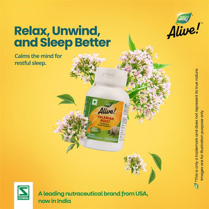 Nature’s Way Alive Valerian Root supplement shown with valerian flowers on a yellow background promoting better sleep.