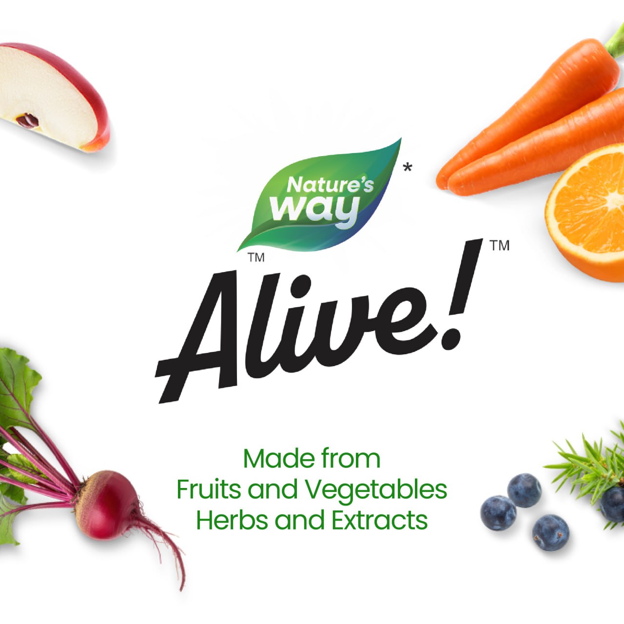 Nature’s Way Alive logo surrounded by fruits, vegetables, herbs, and extracts