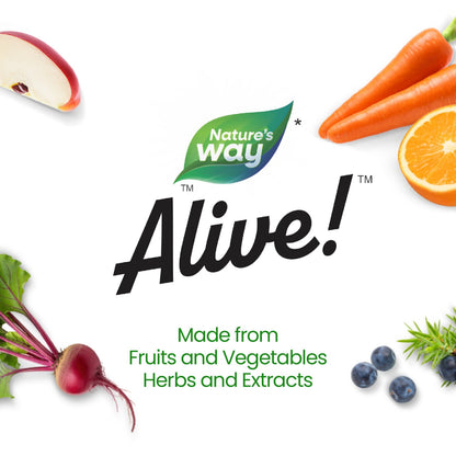 Nature’s Way Alive logo surrounded by fruits, vegetables, herbs, and extracts